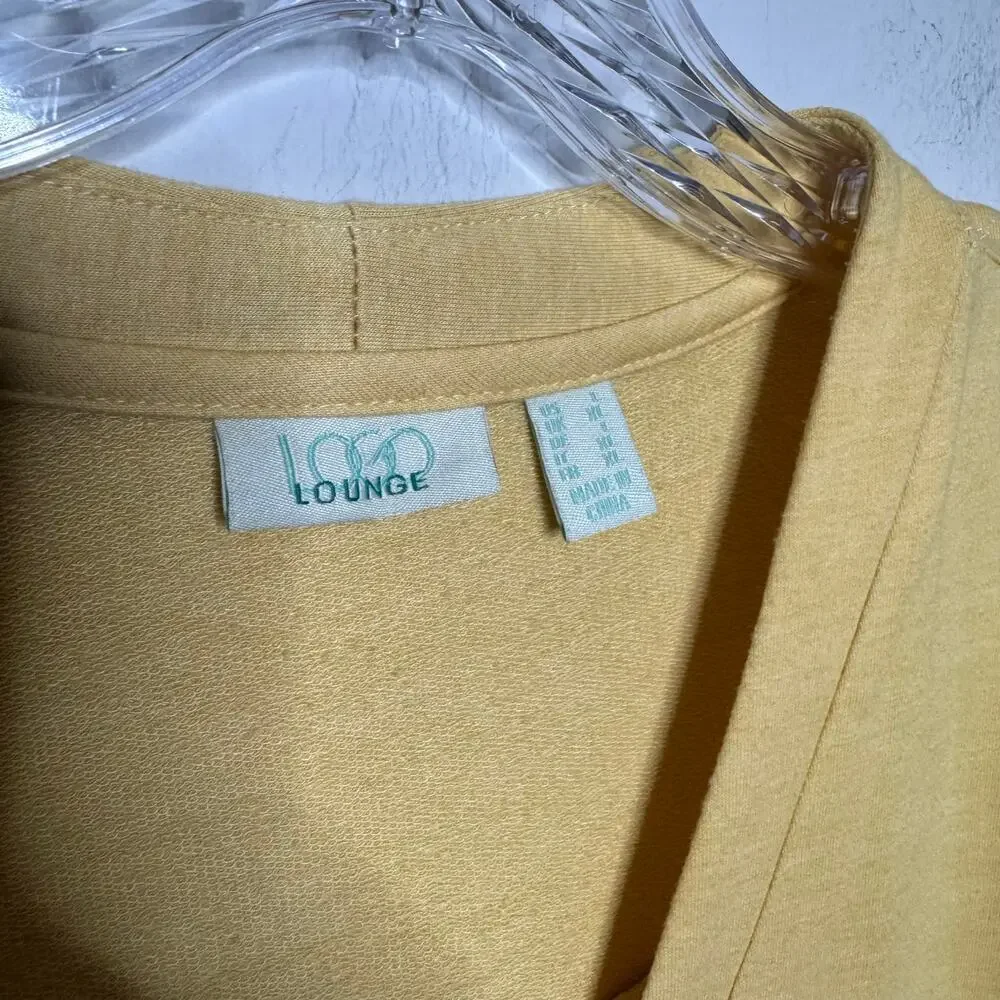 LOGO by Lori Goldstein Lounge Yellow Zip Front Cardigan Women’s Size L Lace Trim